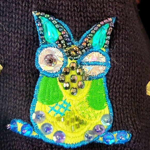 Vintage 90s Y2K Jack B Quick Sequined Beaded Novelty Owl Cardigan Sweater Top - Picture 9 of 16